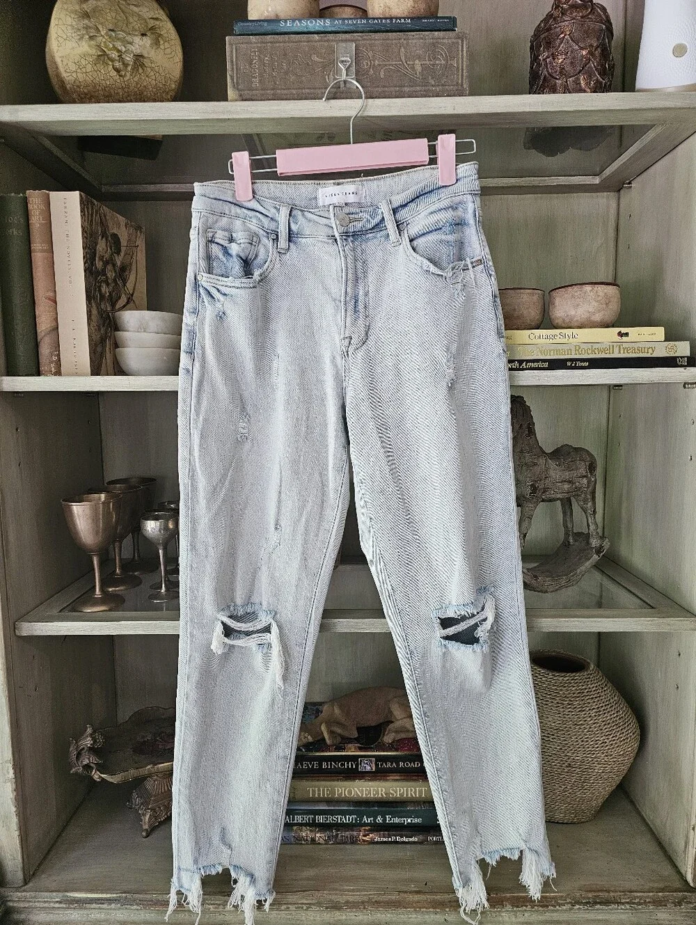 Risen High-Rise Knee Distressed Raw Hem Riley Ankle Jeans 7/28